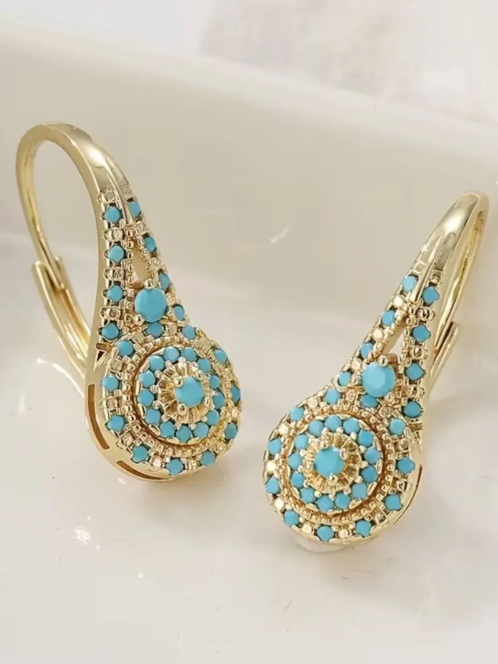 NWT Polynesian-Inspired Style Turquoise-Color Drop Hoop Earrings Gold Plate